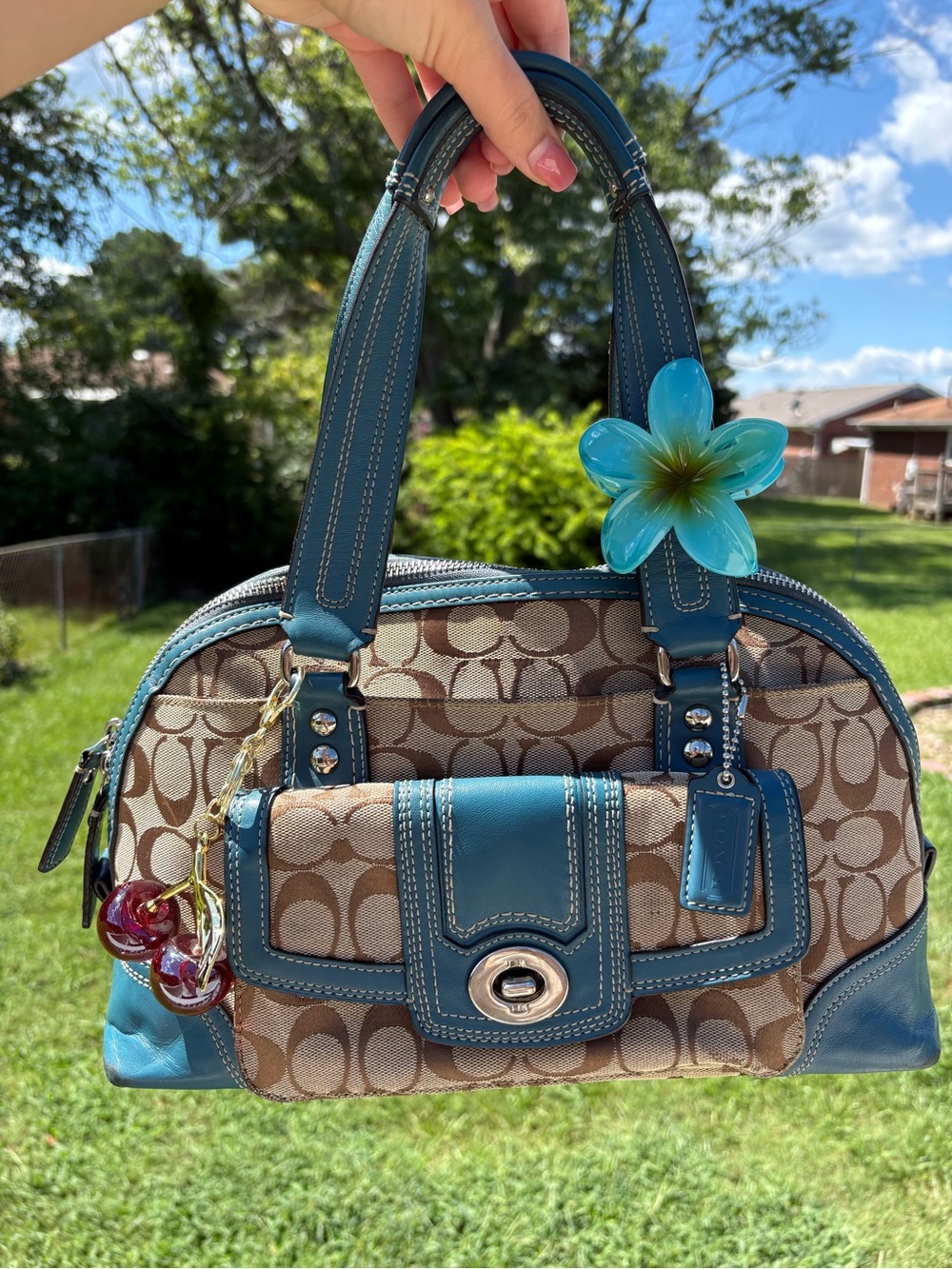 Coach Brown Signature Satchel with Teal Trim